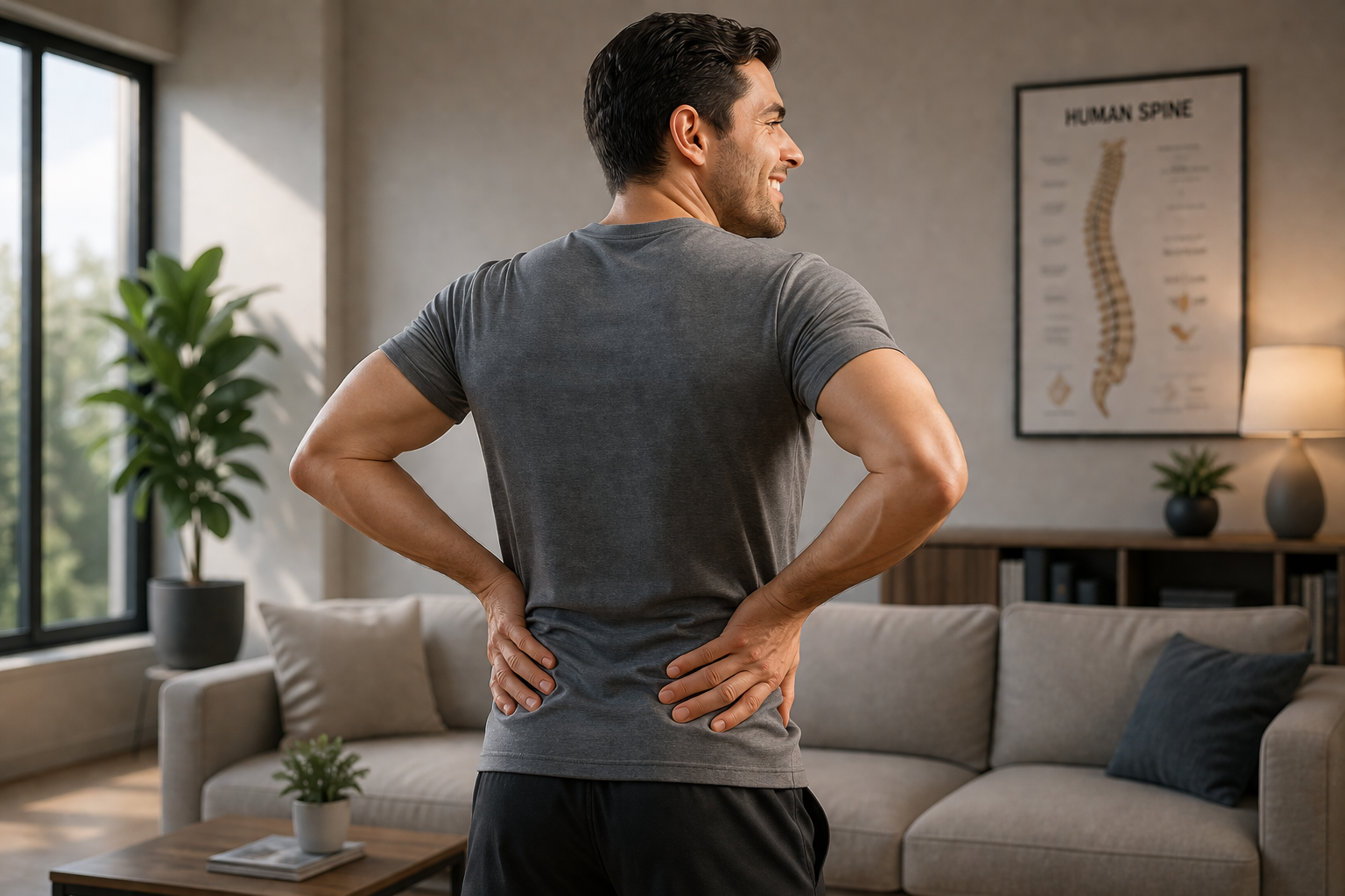 Patient after physiotherapy showing successful back pain relief recovery